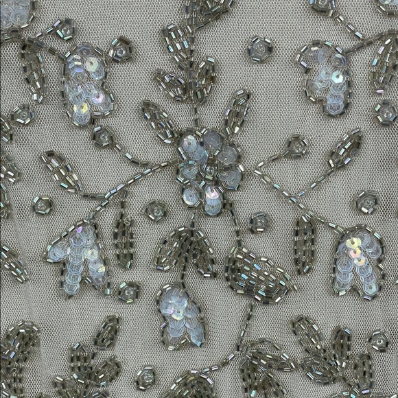 New Mac Duggal 10812 Beige Porcelain Beaded Midi Dress Sheer Long Sleeves Sz 12 - Picture 5 of 12